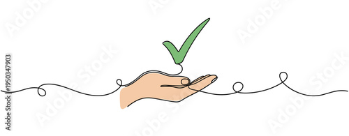 Open hand presenting green check mark over white background. no editable strokes
