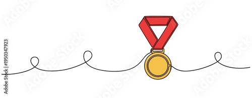 Gold medal hanging from ribbon on looping line in white. no editable strokes