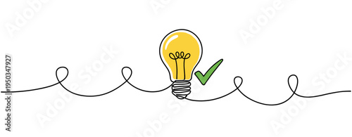 Light bulb with check mark on continuous line on white background. no editable strokes