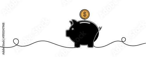 Piggy bank receiving coin on continuous line white background. no editable strokes