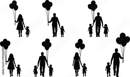 Family silhouettes set cad drawing flat vector illustration with parents and children holding balloons isolated on white background for design.