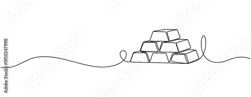 Gold bars stacked resting on continuous line background. no editable strokes