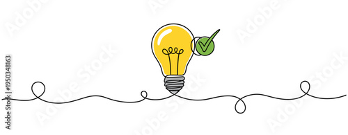 Light bulb indicating idea validated on continuous line background. no editable strokes