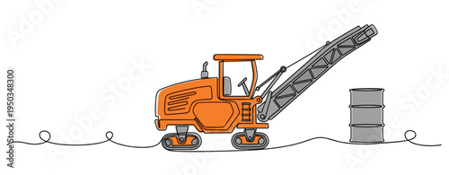 Orange excavator parked beside metal drum on white background. no editable strokes