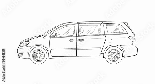 A sketch of a multi-passenger vehicle's side profile, showing its doors, windows, and wheels