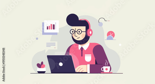 A person wearing headphones works on a laptop with a plant, coffee, and chart nearby