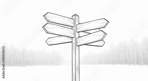A sketch of a wooden signpost with blank arrows points in multiple directions