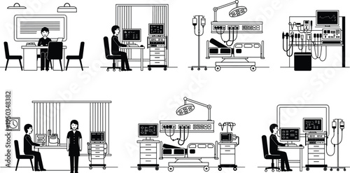 Medical hospital office set cad drawing flat vector illustration with doctors, patient rooms, surgery beds, and monitors isolated on white.