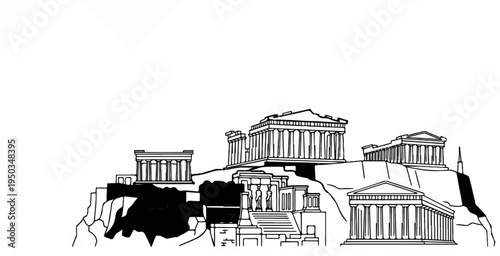 A sketch of classical Greek structures perched on a rocky incline under a clear sky