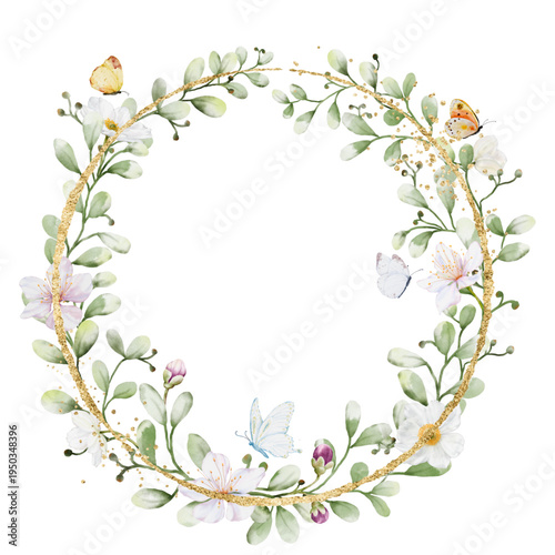Watercolor flower gold circle frame for wedding, birthday, card, background, invitation, wallpaper, sticker, decoration etc.on etc.
