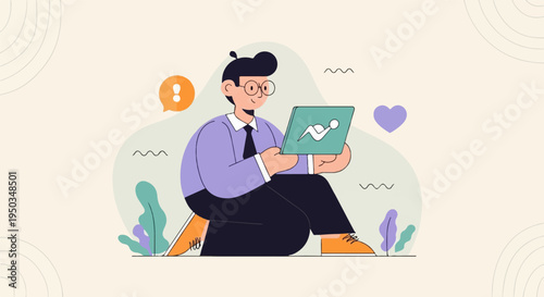 A person with glasses and a tie sits using a tablet, with abstract shapes and plants