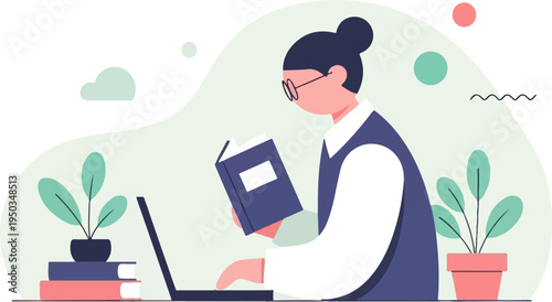 A person with glasses, hair in a bun, reading a book at a laptop near plants