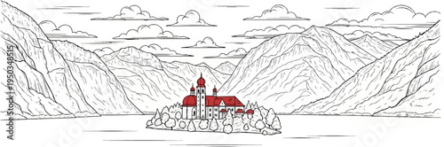A sketched monastery sits on a forested island amidst tranquil waters, framed by majestic mountains