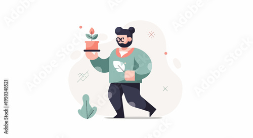 A person with glasses holding a potted plant and a leaf