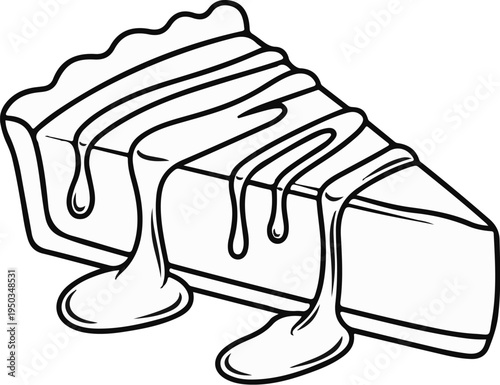 A slice of cake with wavy top edge, drizzled with thick sauce