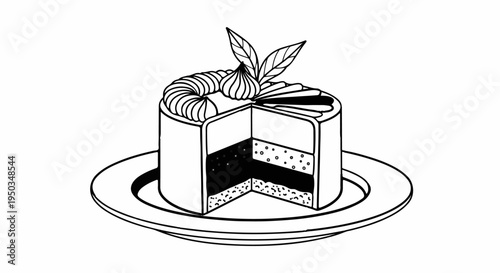 A slice of layered cake, decorated with swirls and leaves