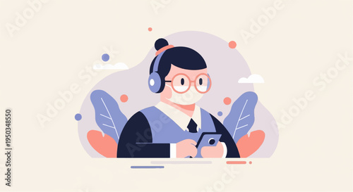 A person with headphones and mask looks at their phone