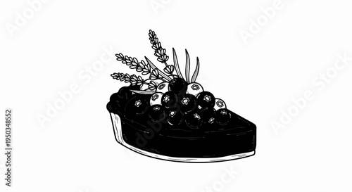 A slice of rich dark pie topped with blueberries and sprigs of lavender