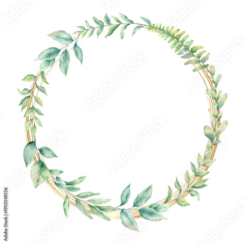 Watercolor flower gold circle frame for wedding, birthday, card, background, invitation, wallpaper, sticker, decoration etc.on etc.
