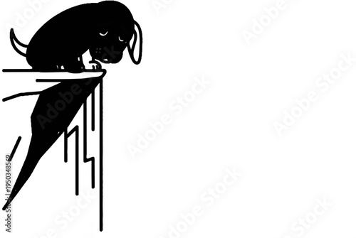 A small, sad black dog sits on the edge of a cliff, casting a long shadow