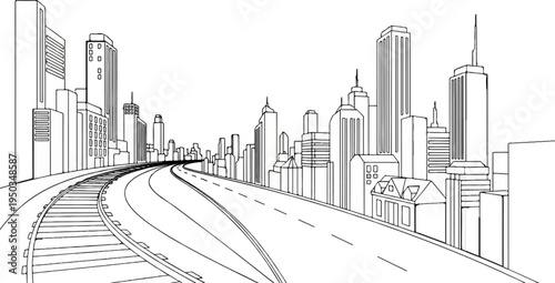A perspective drawing of a city skyline with a railway track and road