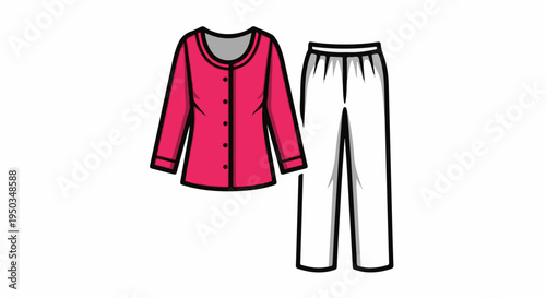 A pink button-up shirt and white trousers are depicted on a white background