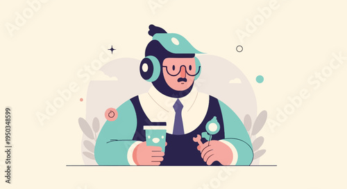 A pixelated character with headphones and a mustache holds a cup and a lollipop