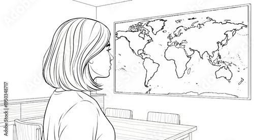 A person gazes thoughtfully at a large world map on a wall in a room