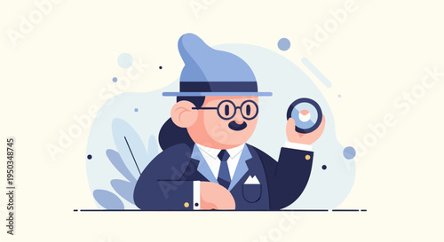 A person in a suit and hat looks through a magnifying glass