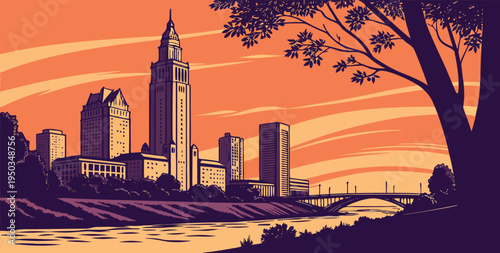 Columbus sunset skyline vector featuring LeVeque Tower and Scioto Mile skyline