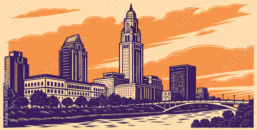Columbus sunset skyline vector featuring LeVeque Tower and Scioto Mile skyline. Clean skyline silhouette with vibrant orange and purple sunset gradient sky