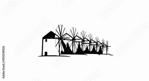 A row of traditional windmills under a clear sky