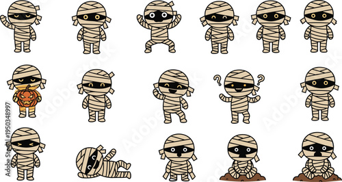 Cute Cartoon Halloween Mummy Character Set with Various Poses and Expressions Including Pumpkin and Digging for Spooky Holiday Design and Stickers