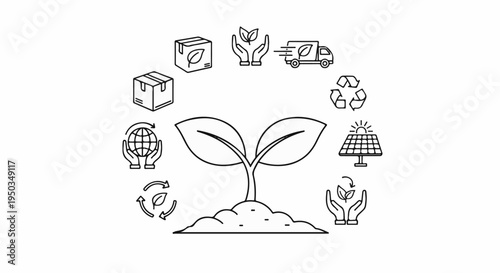 A seedling grows surrounded by icons of sustainability, transport, and recycling