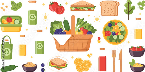 Healthy Picnic Food Set with Basket, Sandwiches, Fresh Vegetables, Fruits and Salad for Outdoor Lunch, Vegan Meal and Summer Picnic Illustration
