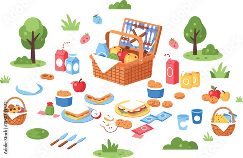 Family Picnic Scene with Basket, Sandwiches, Fruits, Snacks and Drinks in Park for Outdoor Summer Lunch and Healthy Food Illustration