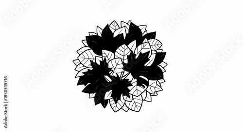 A circular arrangement of black and white leaves, with some solid black leaves in the center