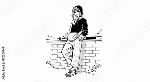 A stylish young person leans casually against a brick wall, looking cool