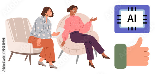 Workplace collaboration, AI technology, integration, decision-making, communication, teamwork. Two people sitting and discussing AI, with thumbs-up symbol. Workplace collaboration and AI technology