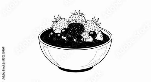 A black and white illustration of a bowl overflowing with assorted berries