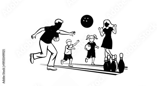 A family enjoys a game of bowling together, with children participating