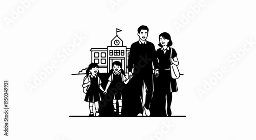 A family of four walks hand-in-hand in front of a school building
