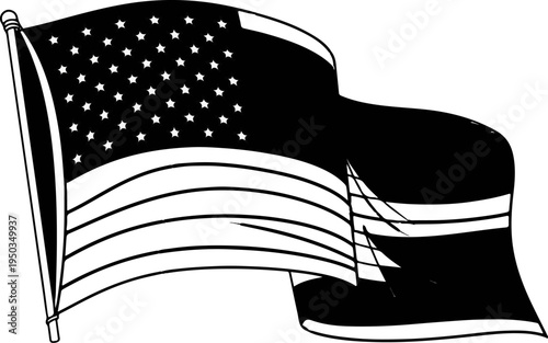 A black and white graphic of a waving flag with stars and stripes