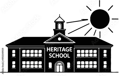 A black and white graphic of a school building under a bright sun