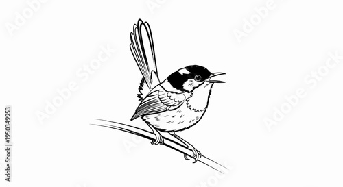 A black and white drawing of a small bird perched on a branch