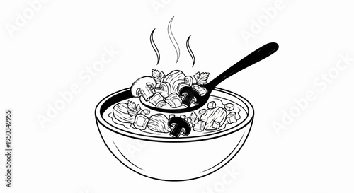 A black and white drawing of a steaming bowl of hearty stew with a spoonful