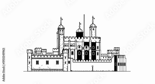 A black and white drawing of a large, multi-towered castle structure