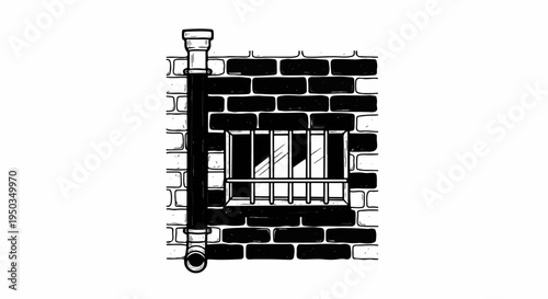 A black and white drawing of a barred window on a brick wall with a pipe