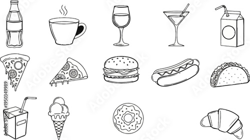 A collection of hand-drawn food and drink items, rendered in black and white