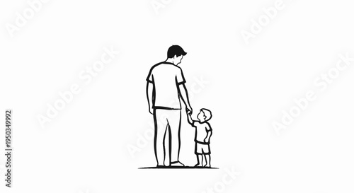 A father and child, drawn in a simple black and white style, hold hands